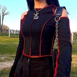 Y2K Mall Goth Emo Cyber Black & Red Cold Shoulder Top SMALL MEDIUM
